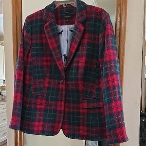 Talbots Red and Green Plaid Single-Button Blazer